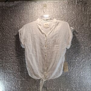 Mora Women Button Up Front Tie Linen Top One Size Pocket NWT